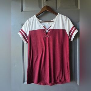Maurices Burgundy and White Lace-Up Tee